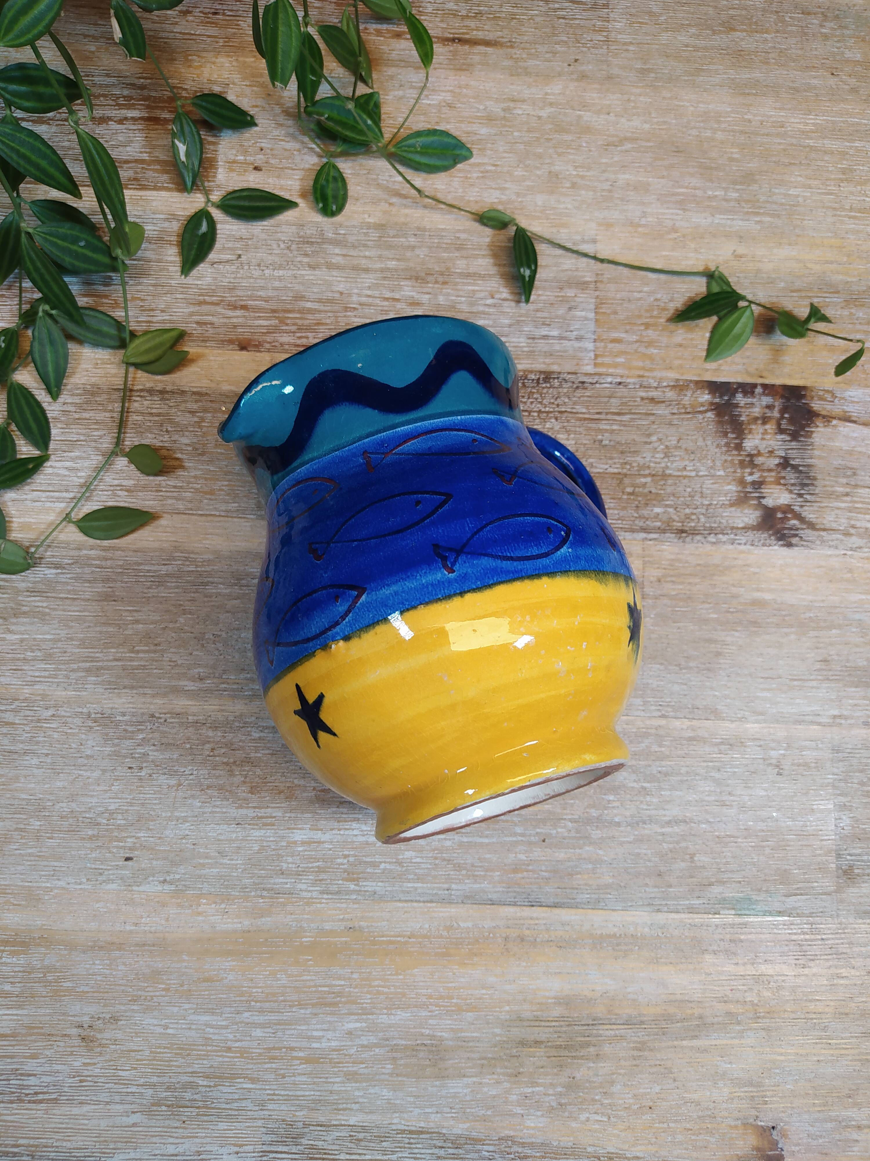 Carafe en Grès Bleu et Jaune à Motifs
