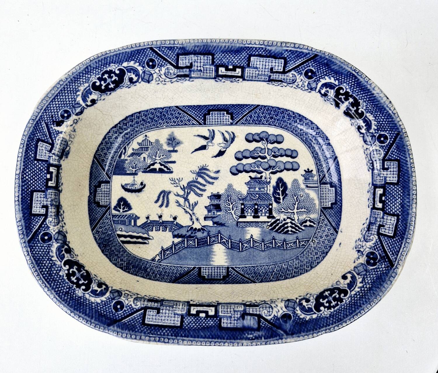 Old Rectangular Hollow Dish In English Earthenware 19th Chinese Decor Blue Willow