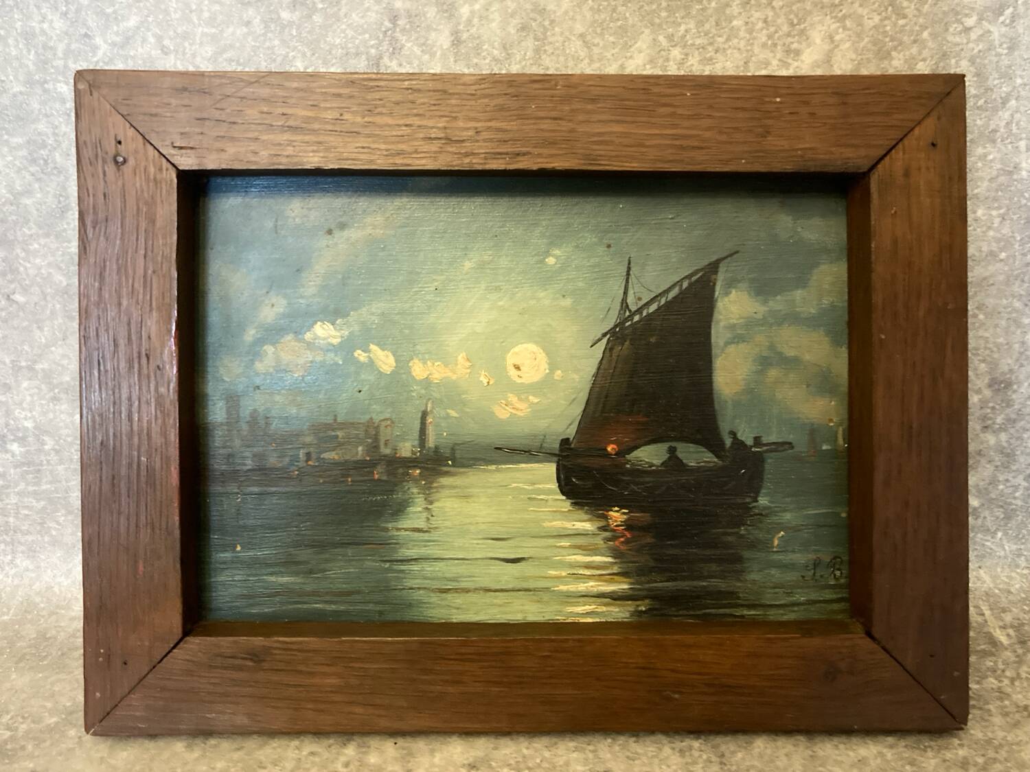 Painting. Oil on wood. Seascape, night, moonlight, fishing boat