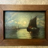 Painting. Oil on wood. Seascape, night, moonlight, fishing boat