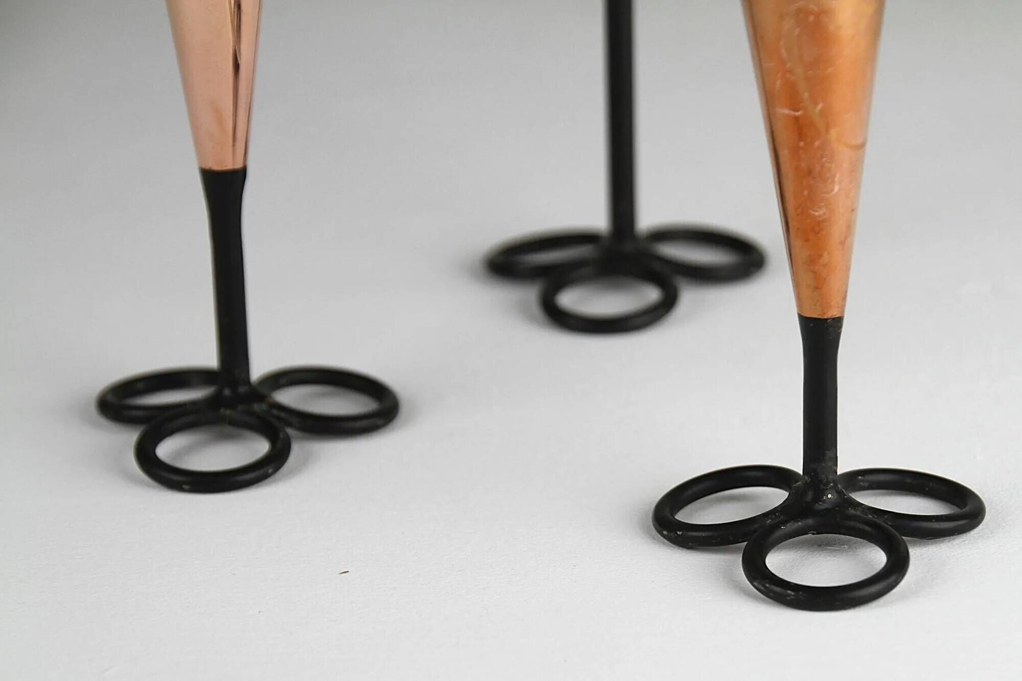 Trio of Black Iron & Copper Candlesticks — Gunnar Ander for Ystad-Metall, Sweden, 1960s