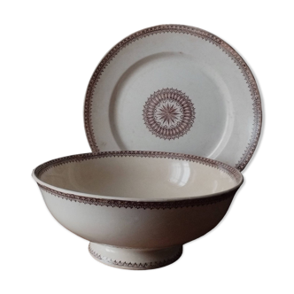 Antique salad bowl and large dish in terre de fer earthenware creil and montereau “english” sepia model