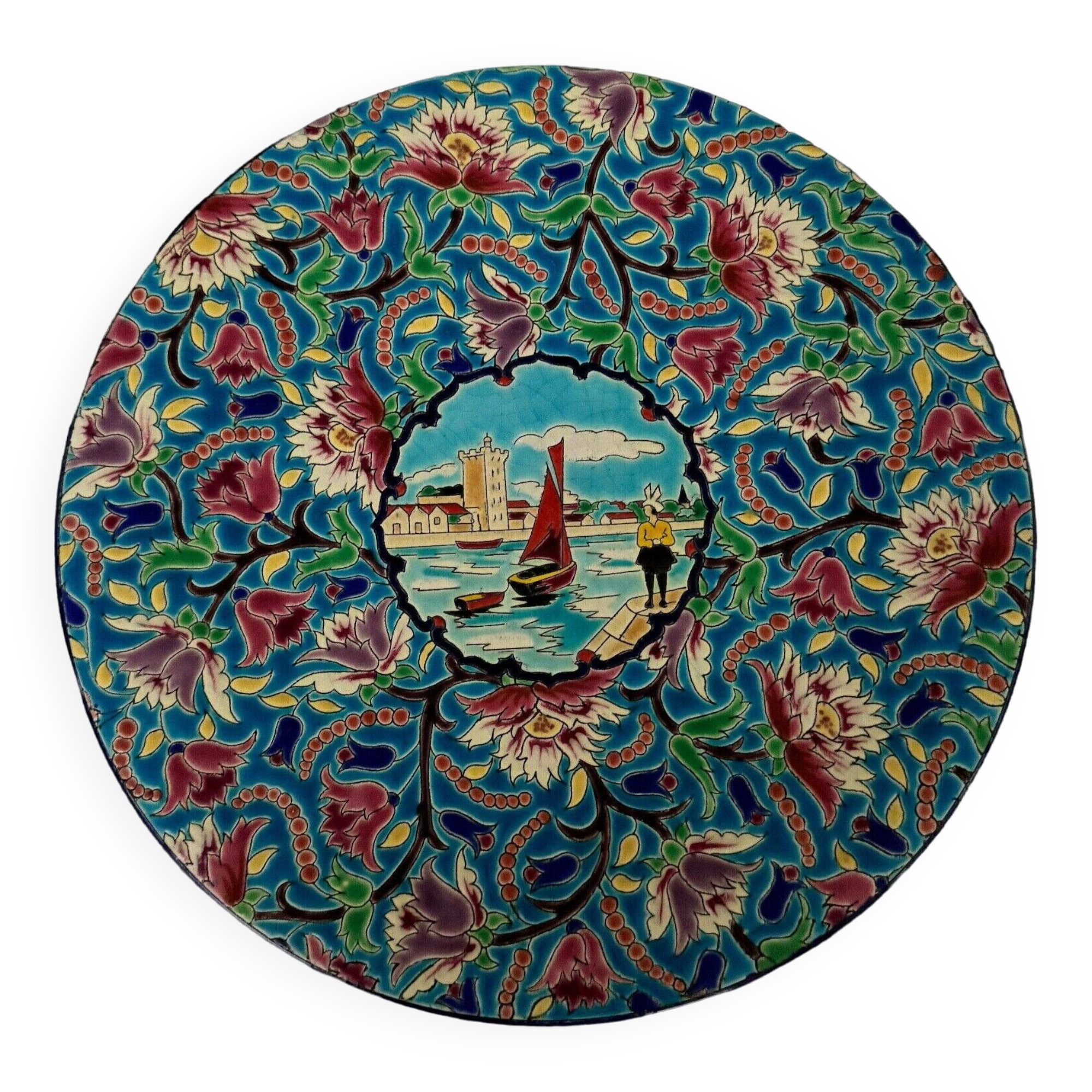 Longwy enamel dish decorated with a port scene