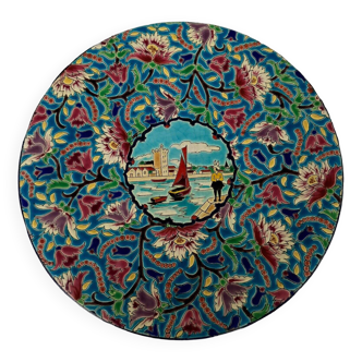 Longwy enamel dish decorated with a port scene