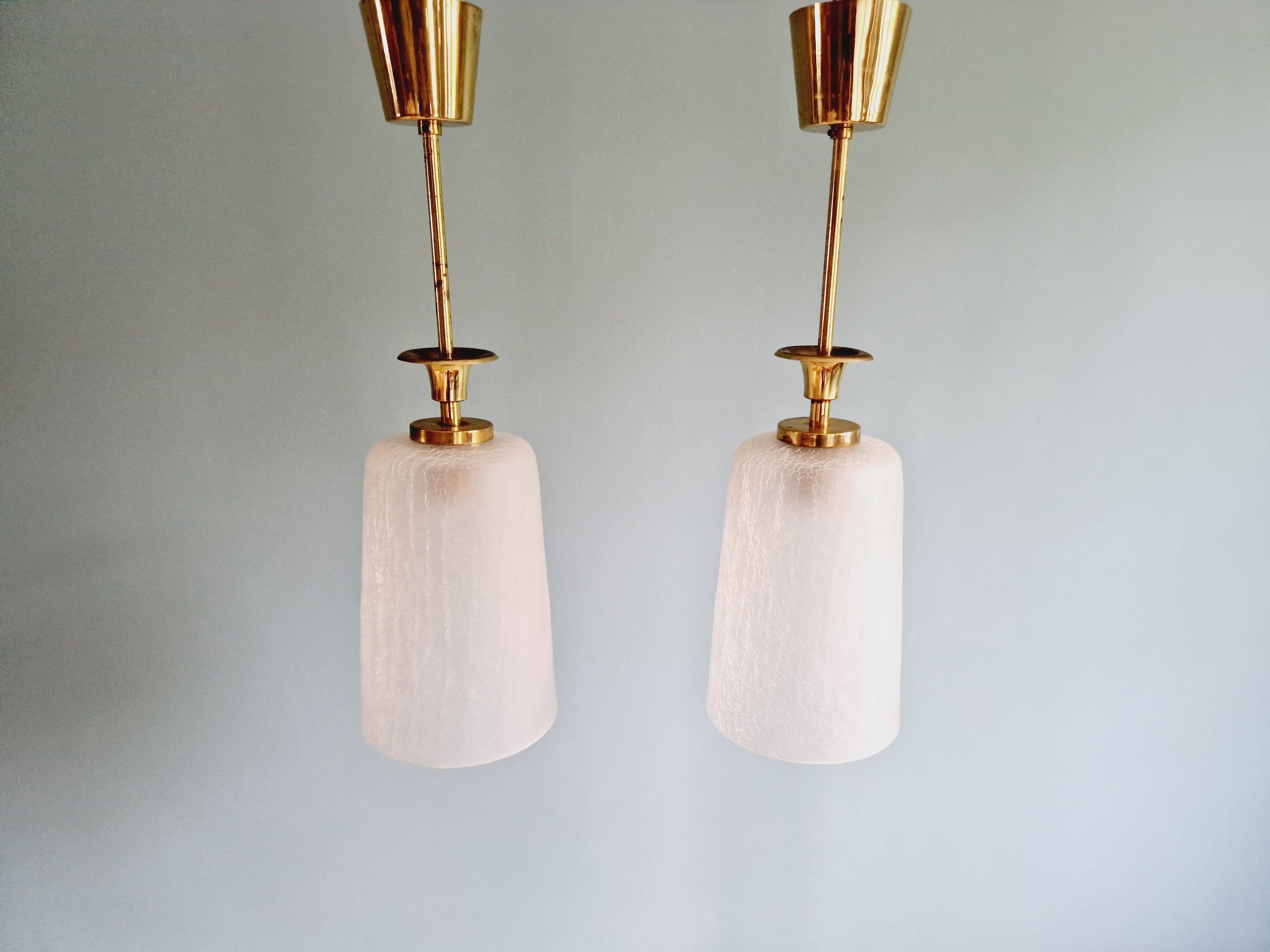 Pair of Mid Century Pendant Lights in Brass and Clear Crackle Glass, 1950s