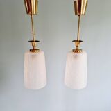 Pair of Mid Century Pendant Lights in Brass and Clear Crackle Glass, 1950s