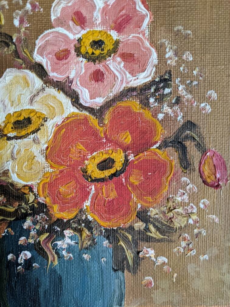 Old acrylic painting on canvas bouquet of bohemian countryside flowers