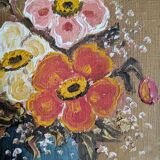 Old acrylic painting on canvas bouquet of bohemian countryside flowers