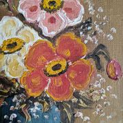 Old acrylic painting on canvas bouquet of bohemian countryside flowers