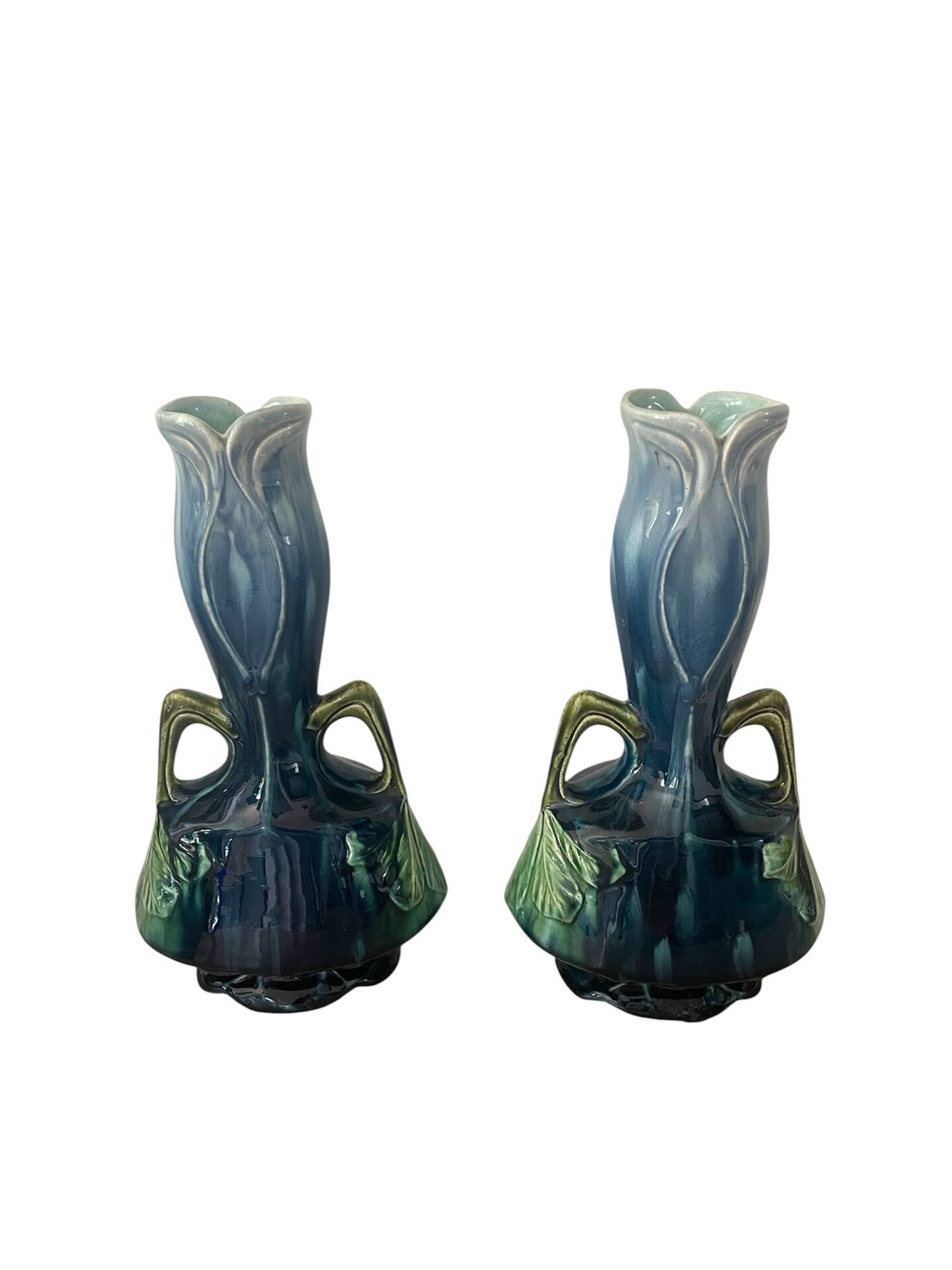 Pair of vases in slipware with Art Nouveau floral decoration.