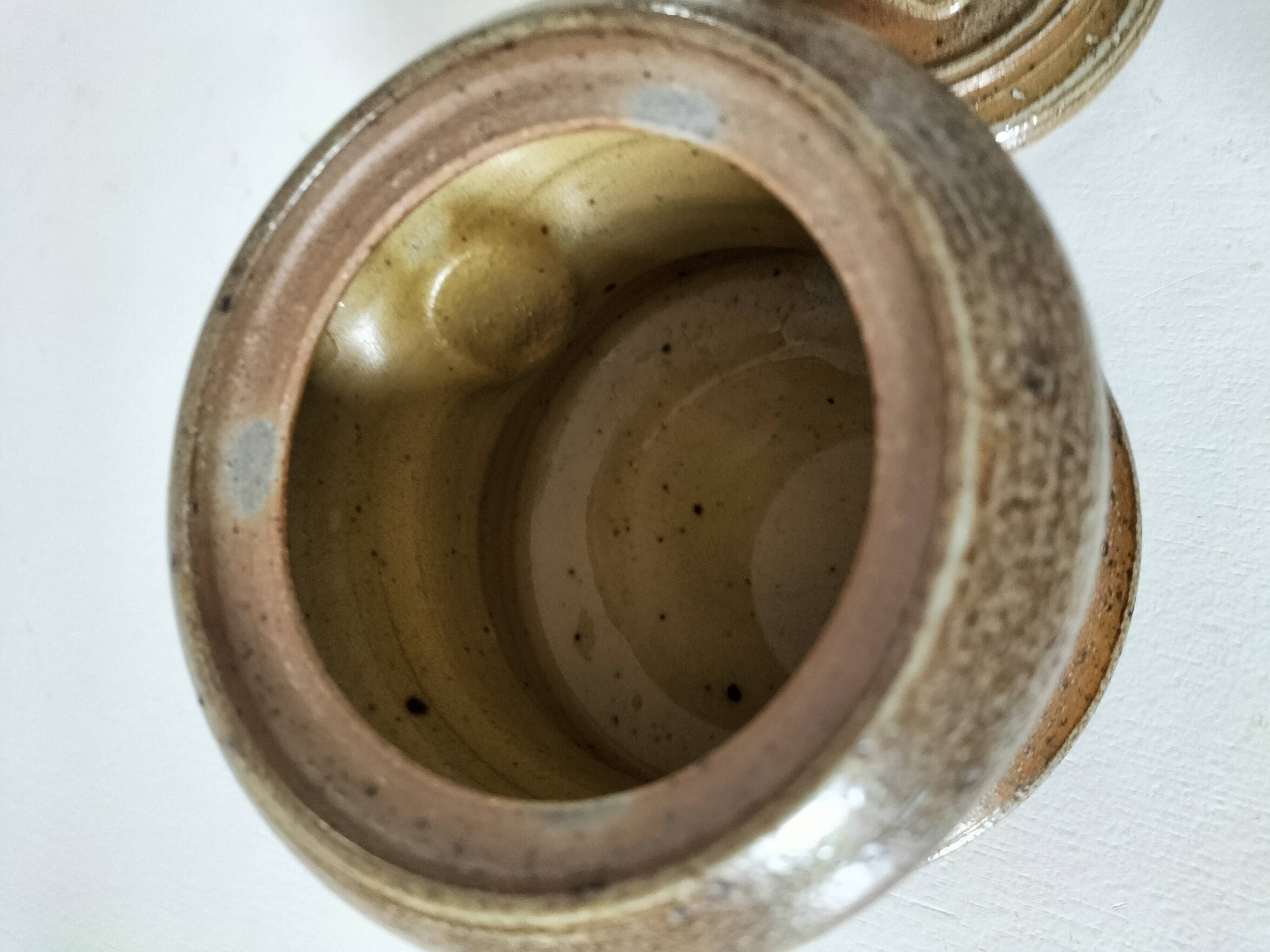 Covered pot in artisanal stoneware with an owl – signed Plume