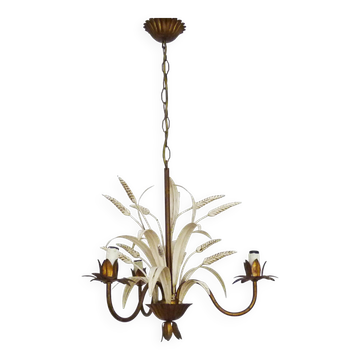 Vintage Maison Masca wheat ear chandelier in aged metal from the 70s