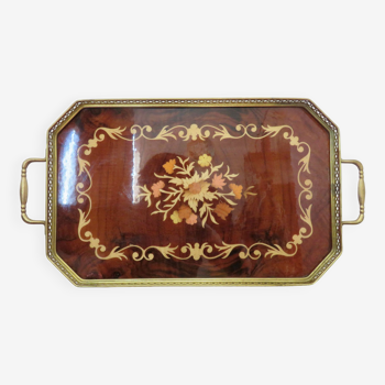 Octagonal tray in marquetry and brass, Italy, Art Deco 1940s 1950s