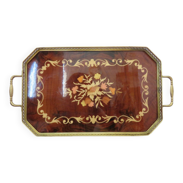 Octagonal tray in marquetry and brass, Italy, Art Deco 1940s 1950s