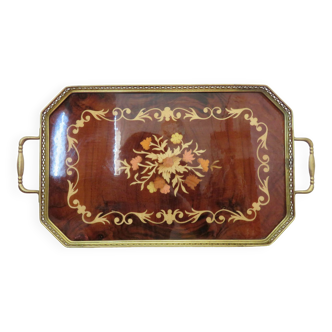 Octagonal tray in marquetry and brass, Italy, Art Deco 1940s 1950s