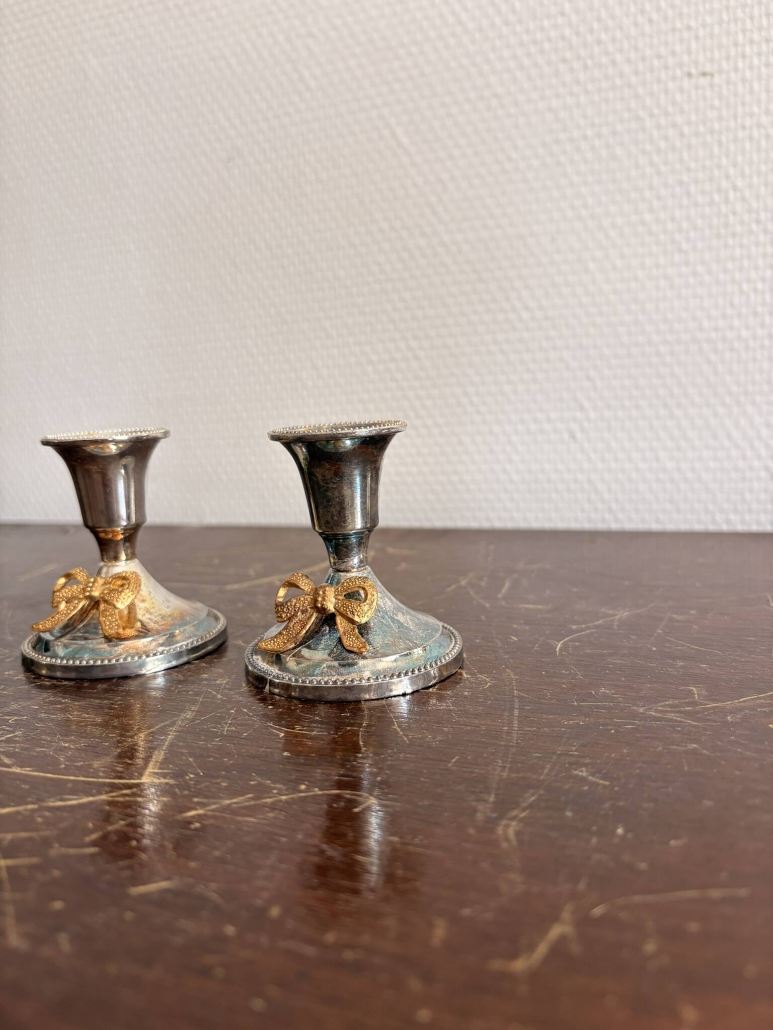 Antique Pair of Silver-Plated Metal Candle Holders with Golden Bow Louis XVI