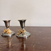 Antique Pair of Silver-Plated Metal Candle Holders with Golden Bow Louis XVI