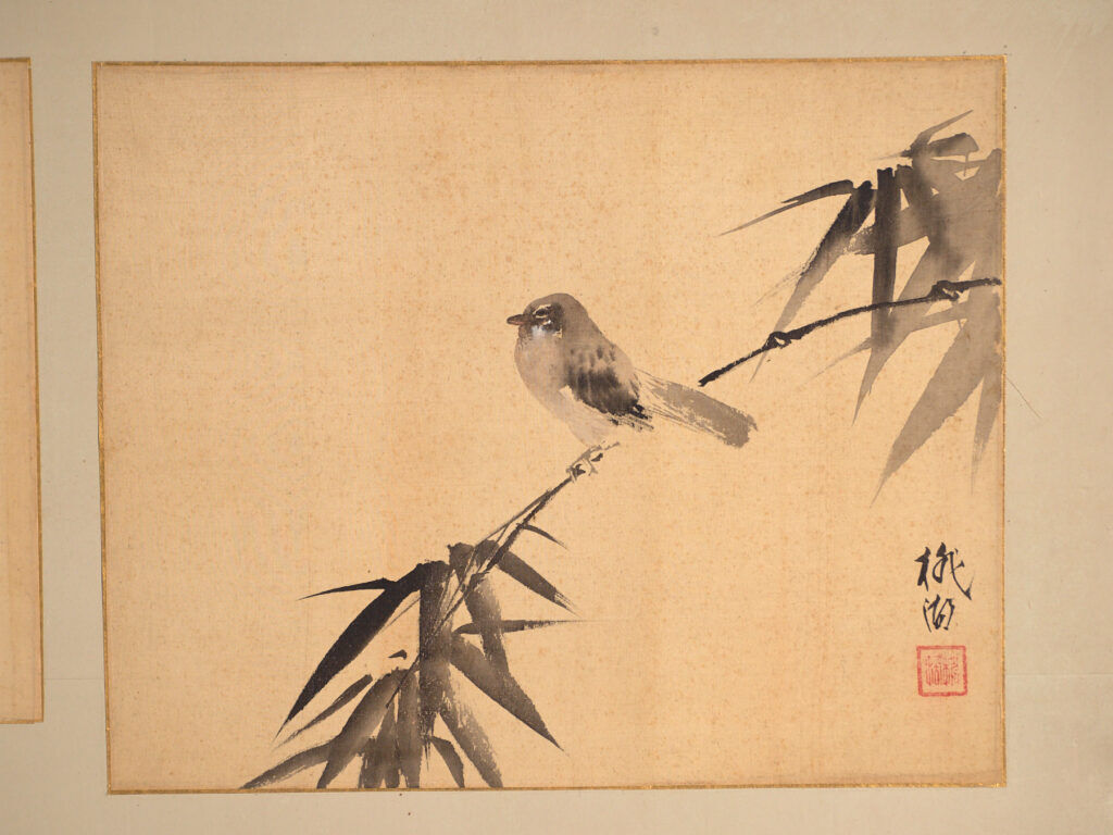 Antique Japanese folding screen with two panels featuring paintings – Japan, circa 1900