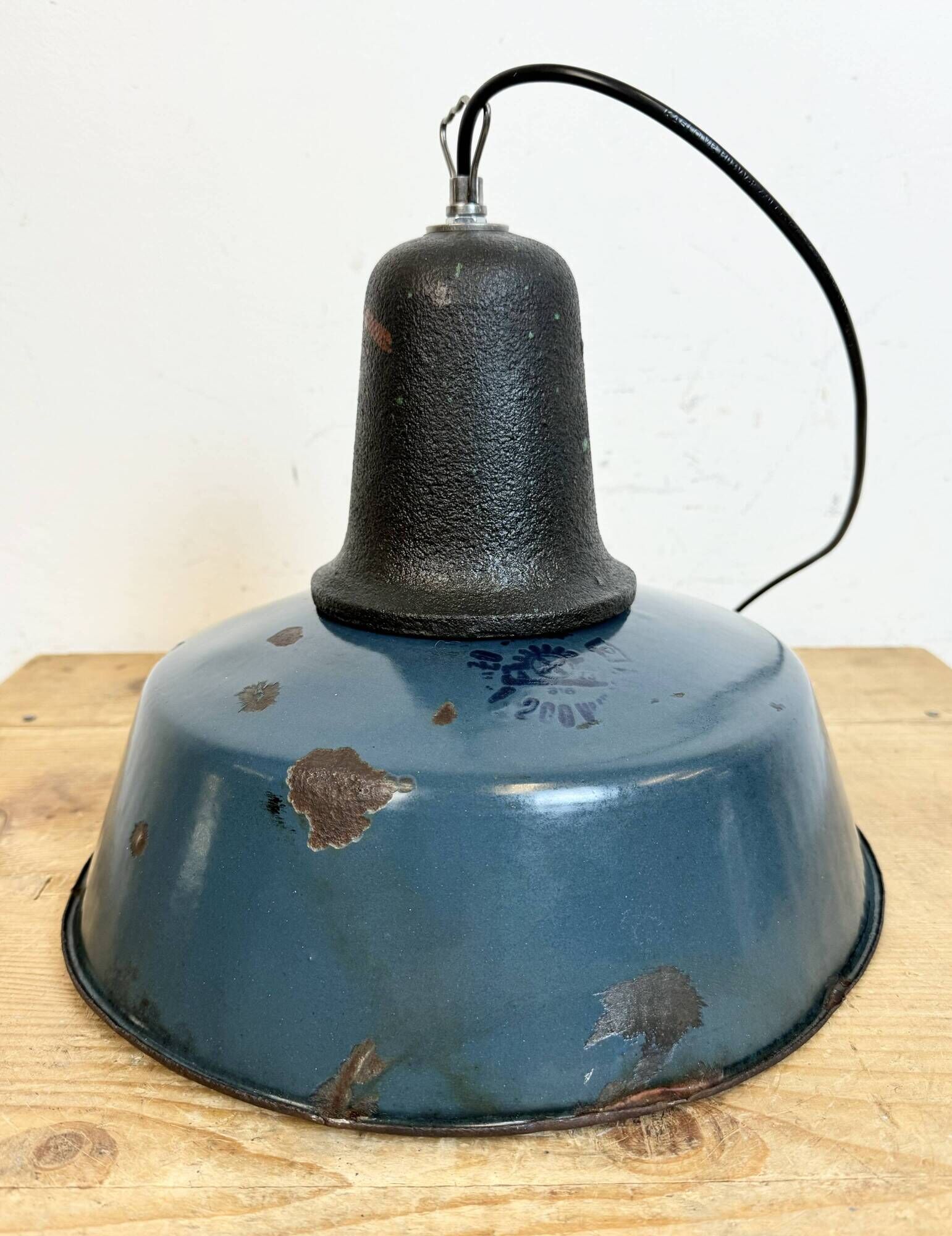 Industrial Blue Enamel Factory Lamp with Cast Iron Top, 1960s