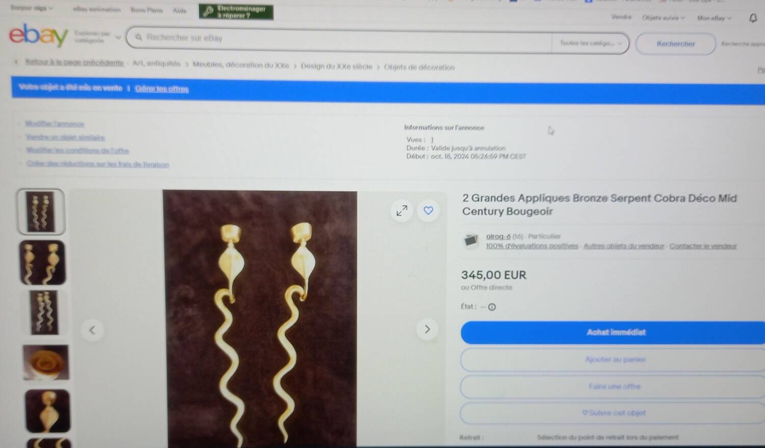 2 large bronze snake cobra wall lights mid century decor candle holder