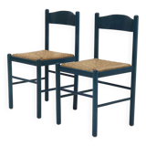 Set of 2 Stained Wood and Rush Dining Chairs 1960s