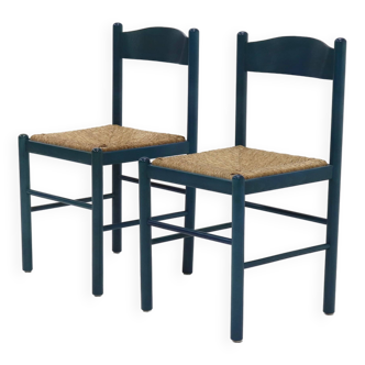 Set of 2 Stained Wood and Rush Dining Chairs 1960s