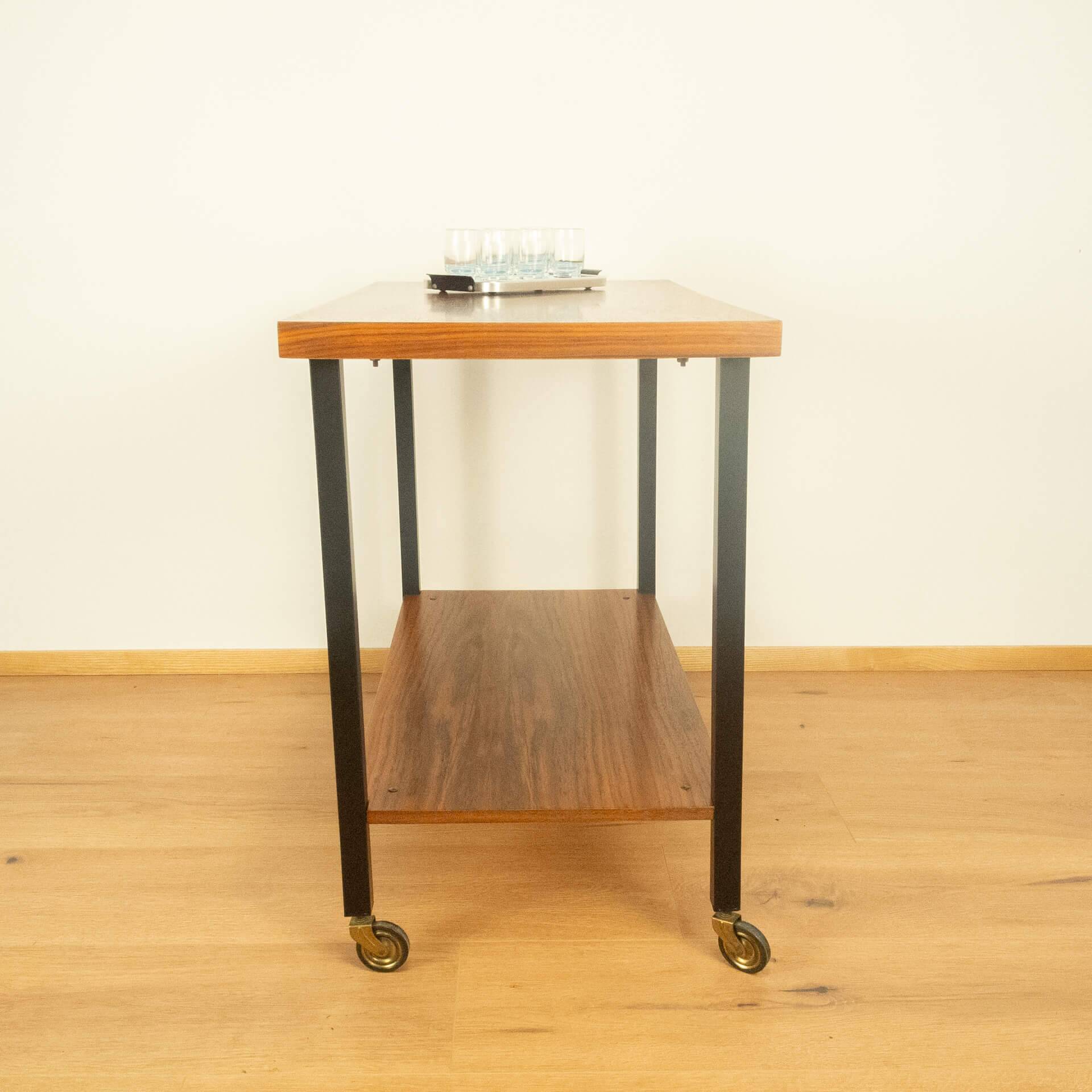 Serving trolley, side table, walnut, metal frame on brass castors, 1960s