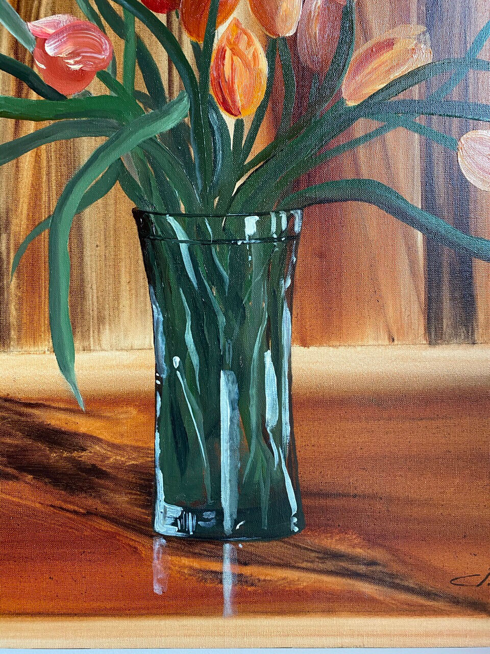 Ancient painting, still life with flowery vase and glass, signed,XX century
