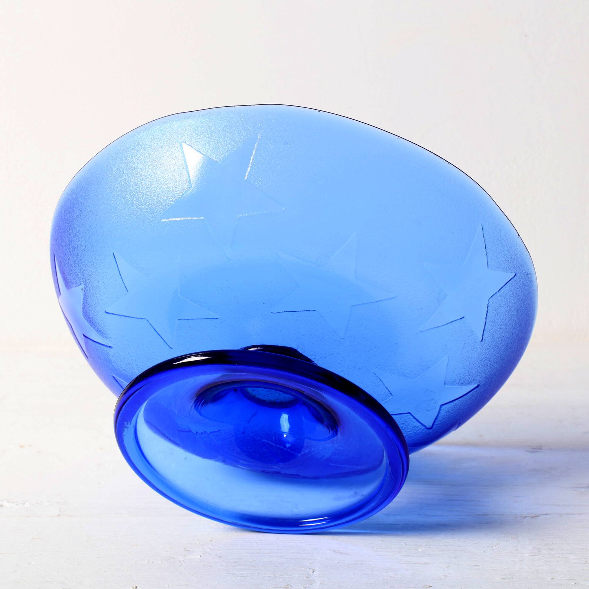 Blue Pressed Glass Pedestal Bowl with Stars Pattern / Italy / 2000s