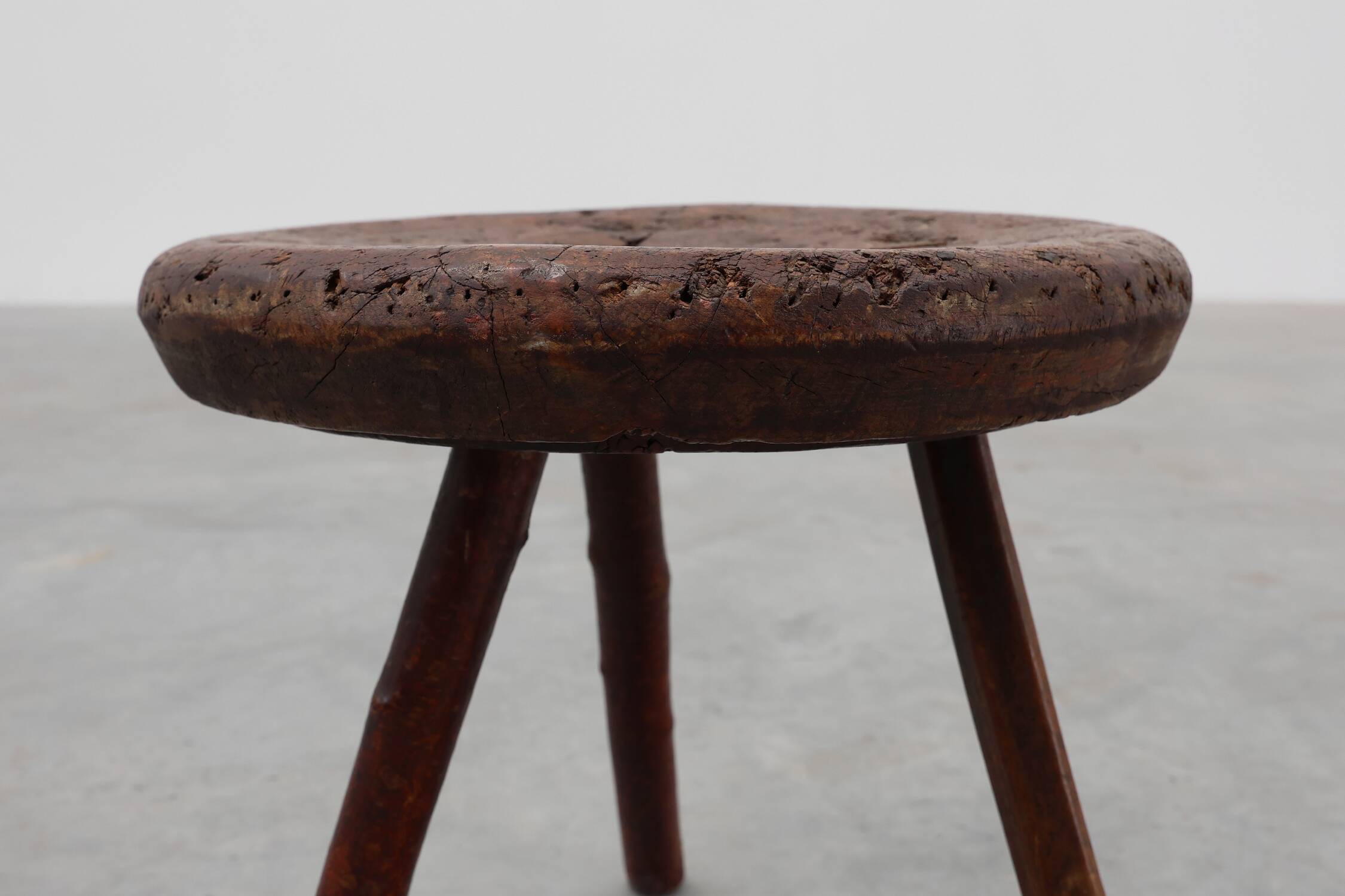 Rustic Wabi Sabi style solid oak tripod stool, France ca. 1850
