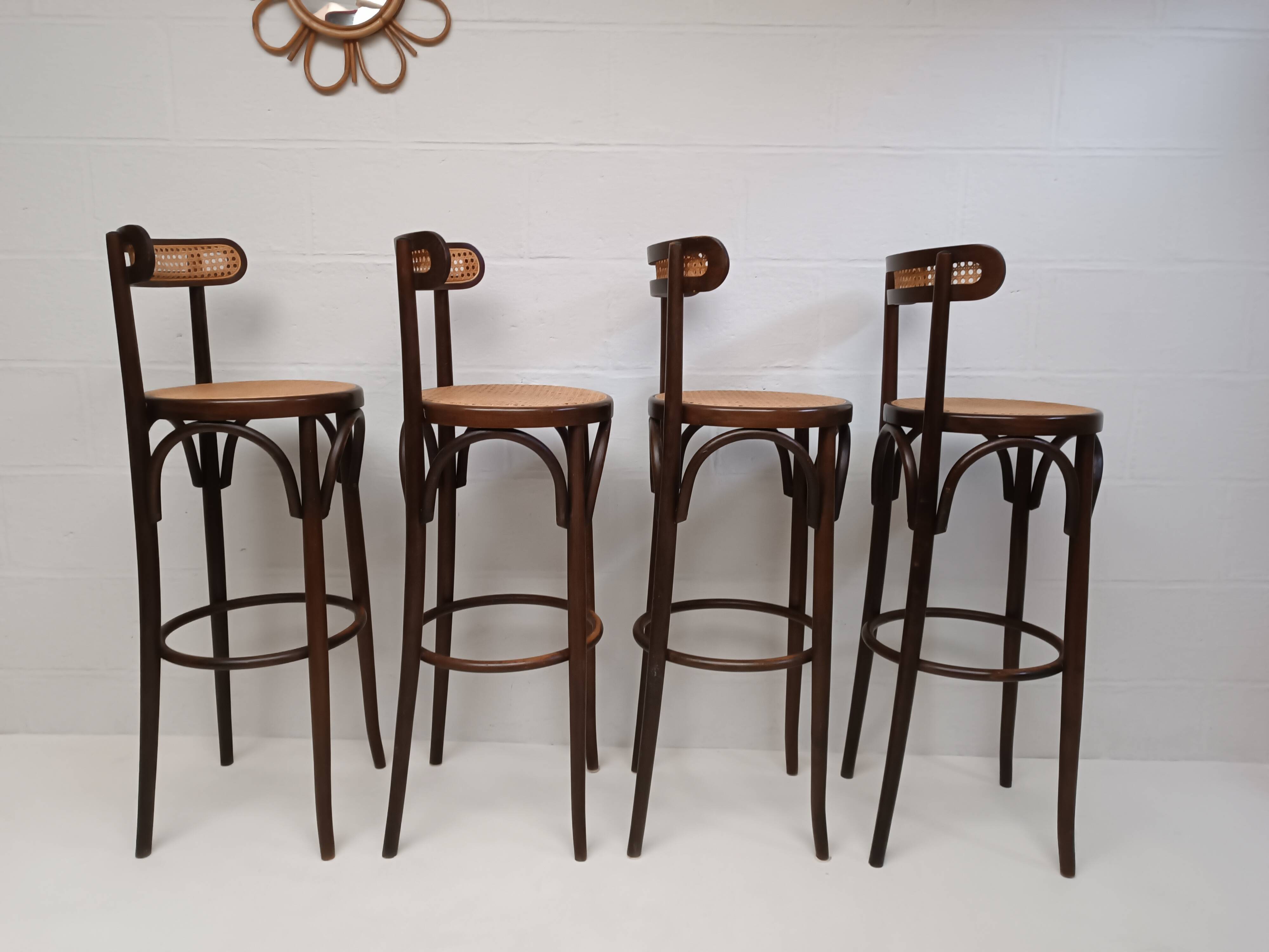 4 curved wood and cane bar stools