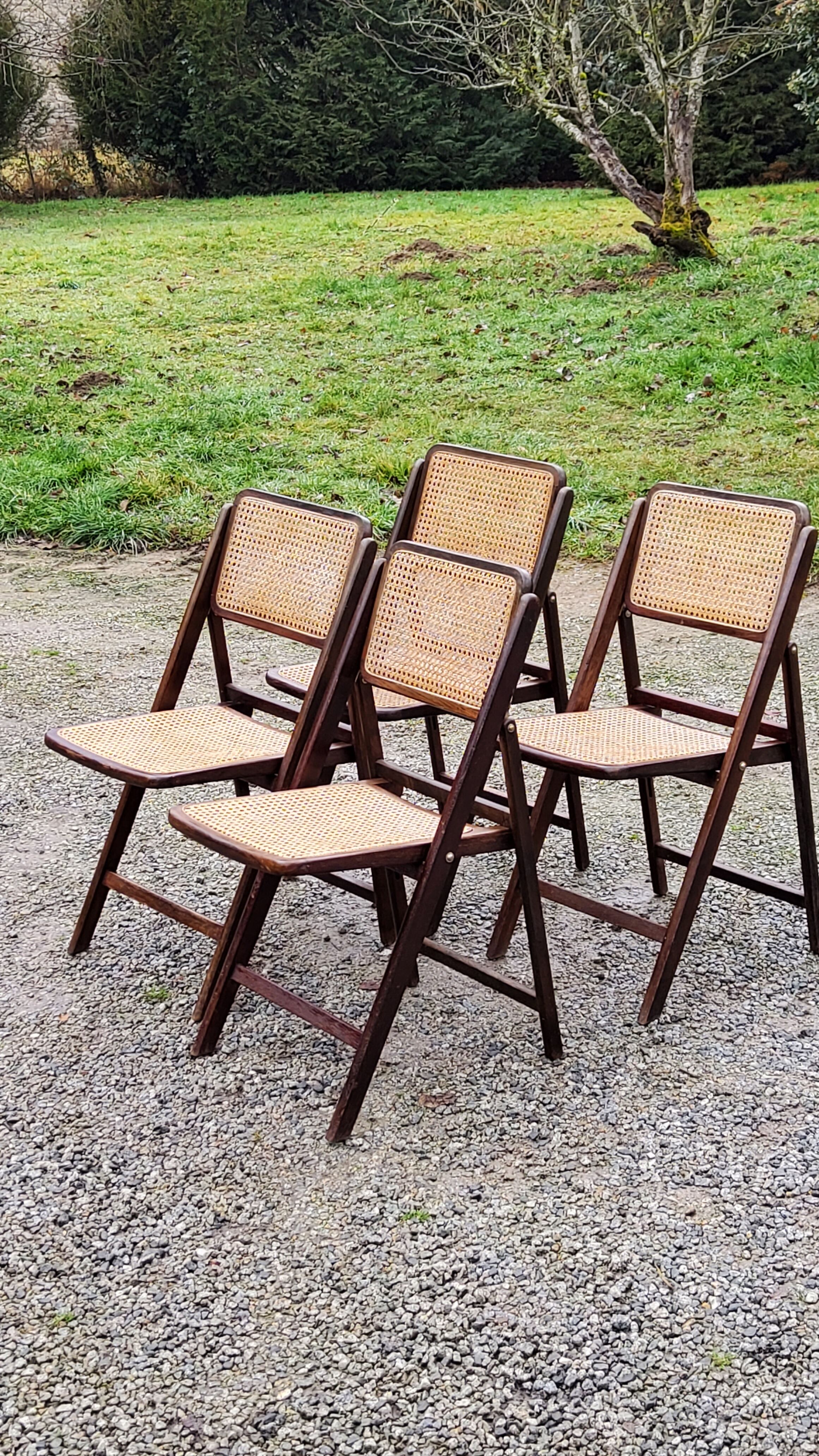 Set of 4 folding chairs wood and canning of the 70s