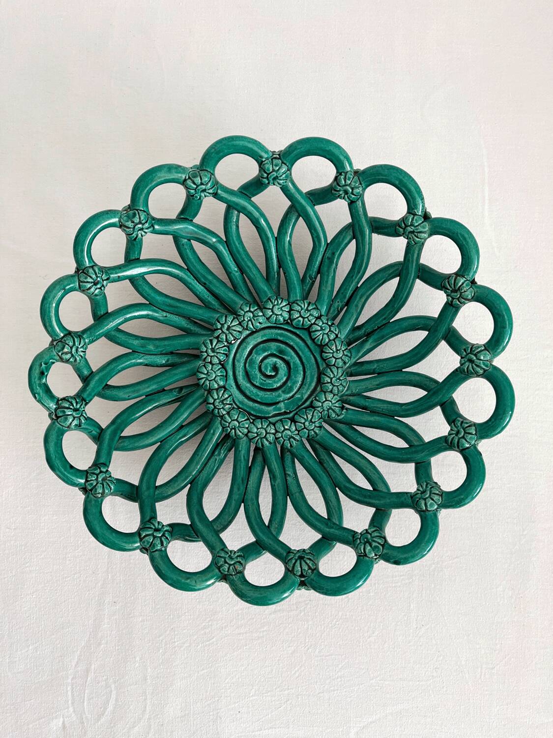 Vintage Vallauris green woven ceramic fruit bowl