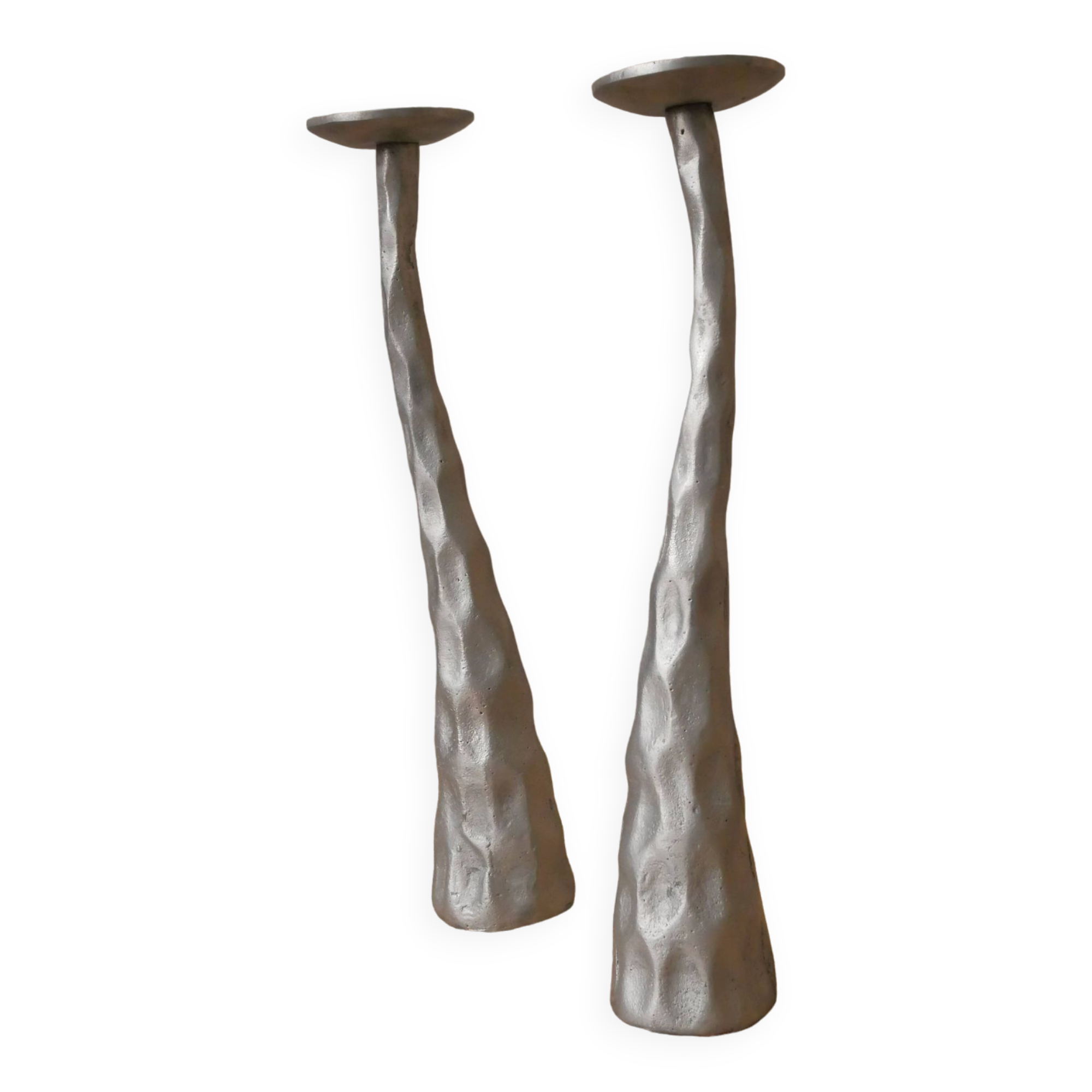 Pair of brushed aluminum candle holders sculpted contemporary brutalist design handmade sculptures