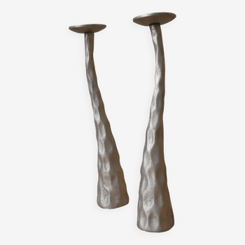 Pair of brushed aluminum candle holders sculpted contemporary brutalist design handmade sculptures