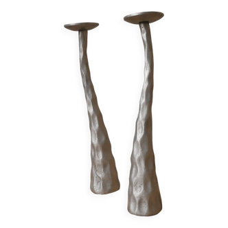 Pair of brushed aluminum candle holders sculpted contemporary brutalist design handmade sculptures