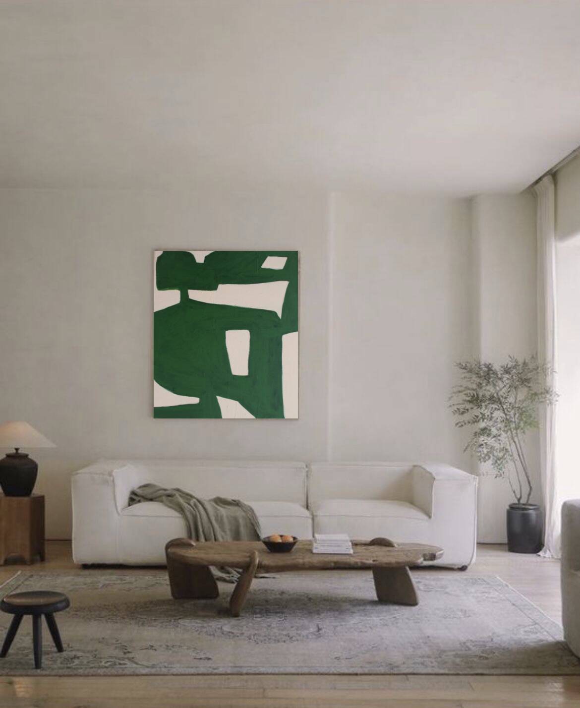 Organic abstract on green and beige canvas 100x81cm