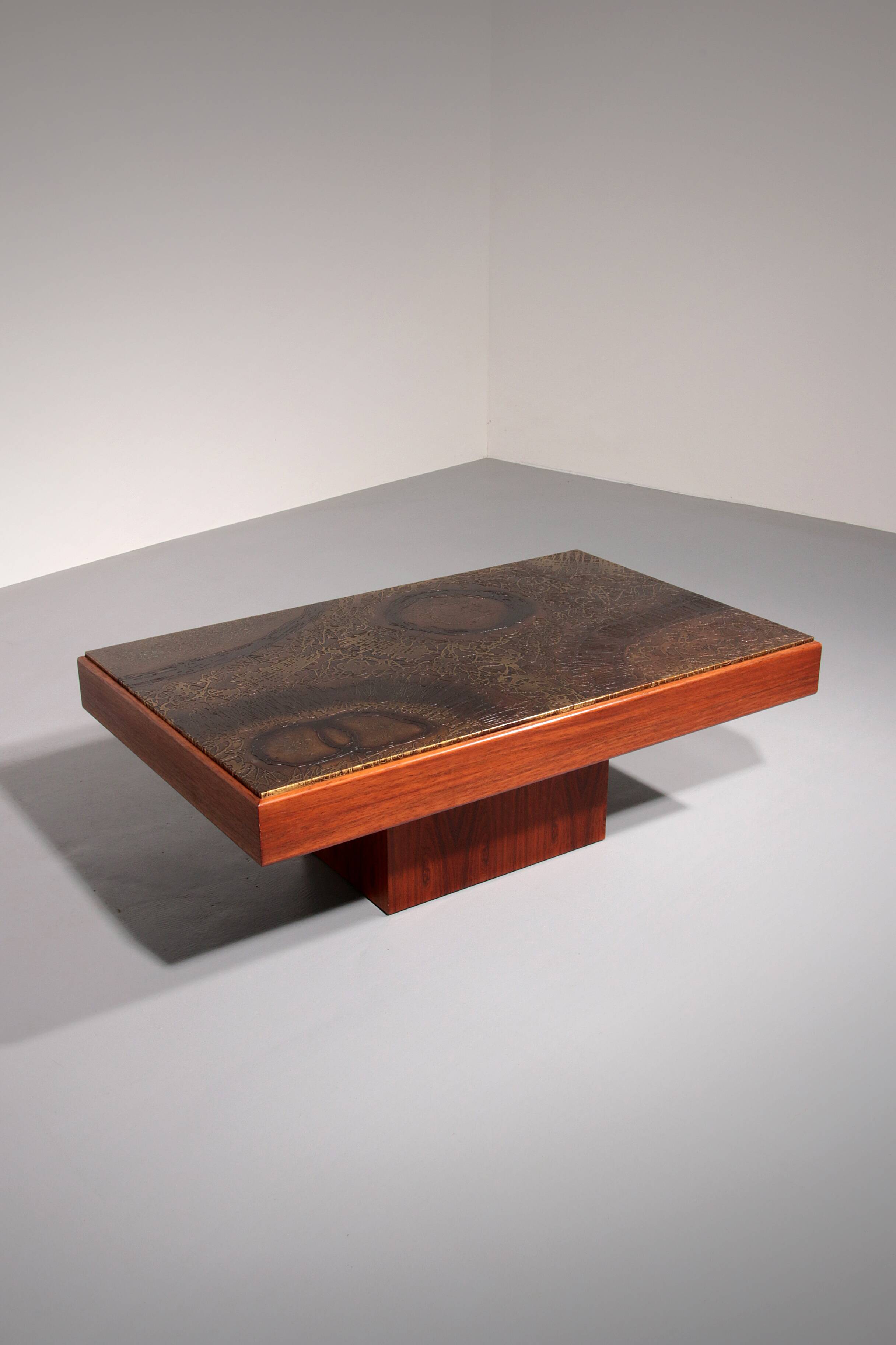 Brutalist Coffee Table with Copper Top and Wooden Base