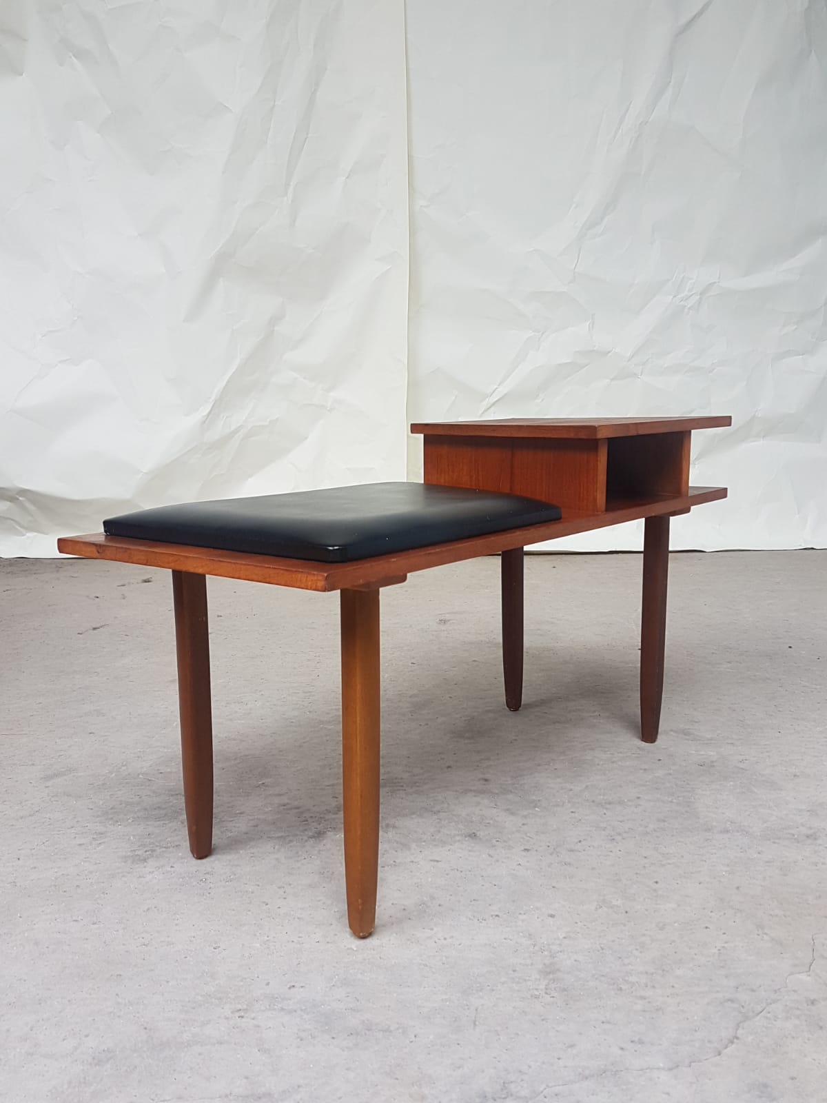 Vtg Mid Century Teak Vinyl Hallway Telephone Chair Table Bench Stool Danish 70s