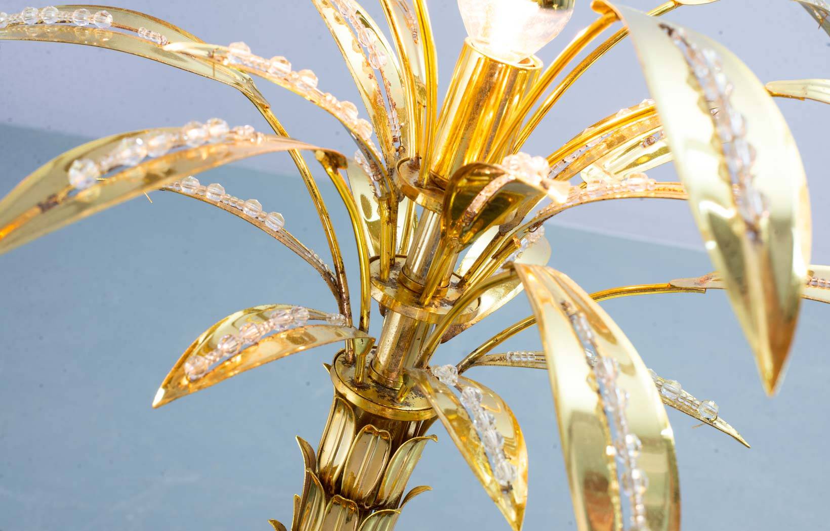 Exquisite Italian Golden Palm Tree Floor Lamp with 3 Sparkling Branches 70s