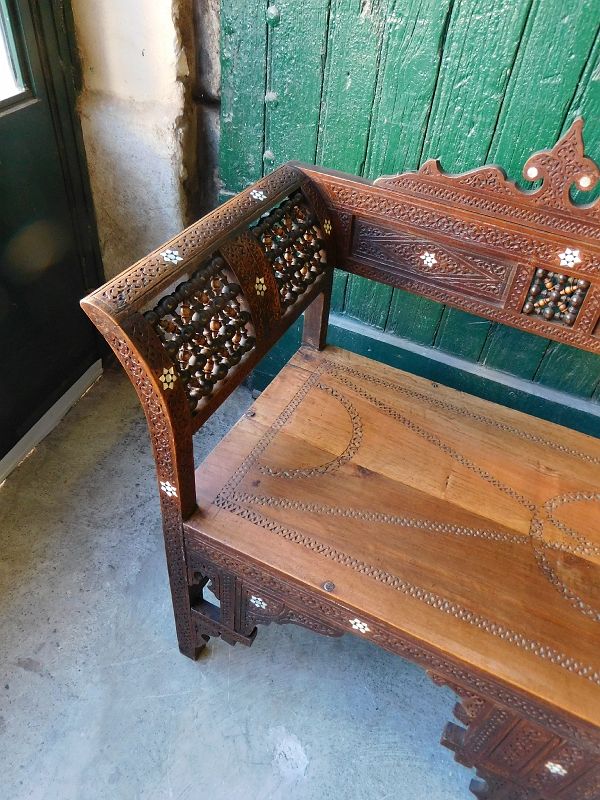 Old syrian wooden bench and mother-of-pearl inlay