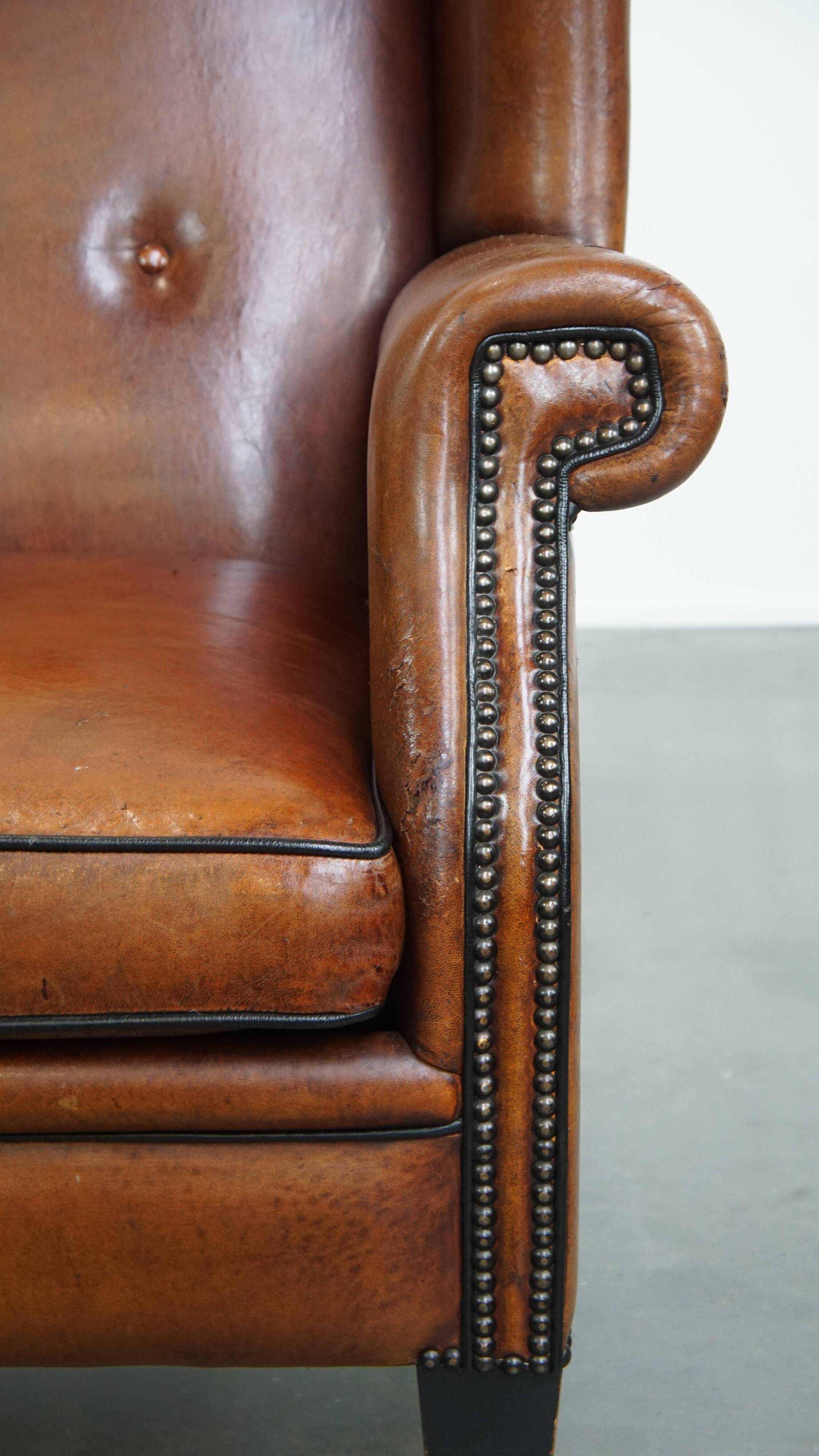 Large Vintage Sheepskin Leather Wingback Chair