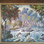 Huile sur panneau "le passage de gué"