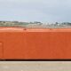 Space age sofa. Tan leather. Circa 1970