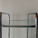 Pedestal table, vintage chrome steel saddle with 2 round windows
