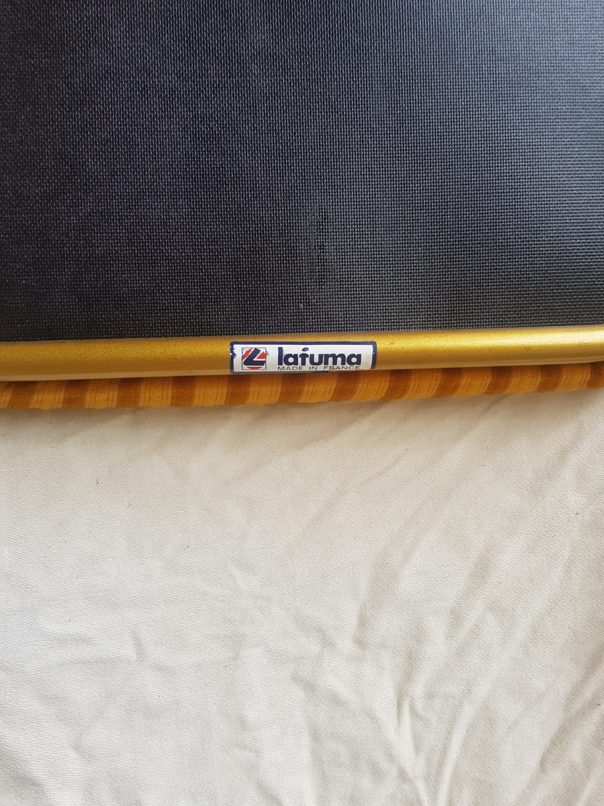 Old folding chair lafuma metal gold with fabric yellow stripes vintage