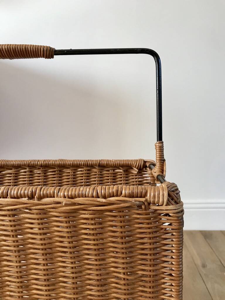 large wicker / rattan and black iron magazine rack from the 70s