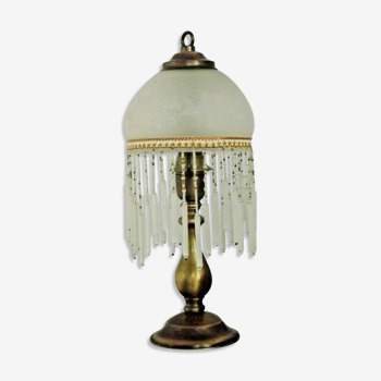 Pretty french bronzed effect metal table lamp fringed patterned glass shade 3358
