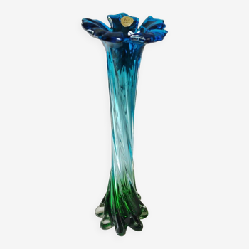 Vase soliflore de forme florale. En verre d Art soufflé. Fait main. Haut 30 cm