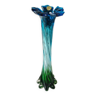 Vase soliflore de forme florale. En verre d Art soufflé. Fait main. Haut 30 cm